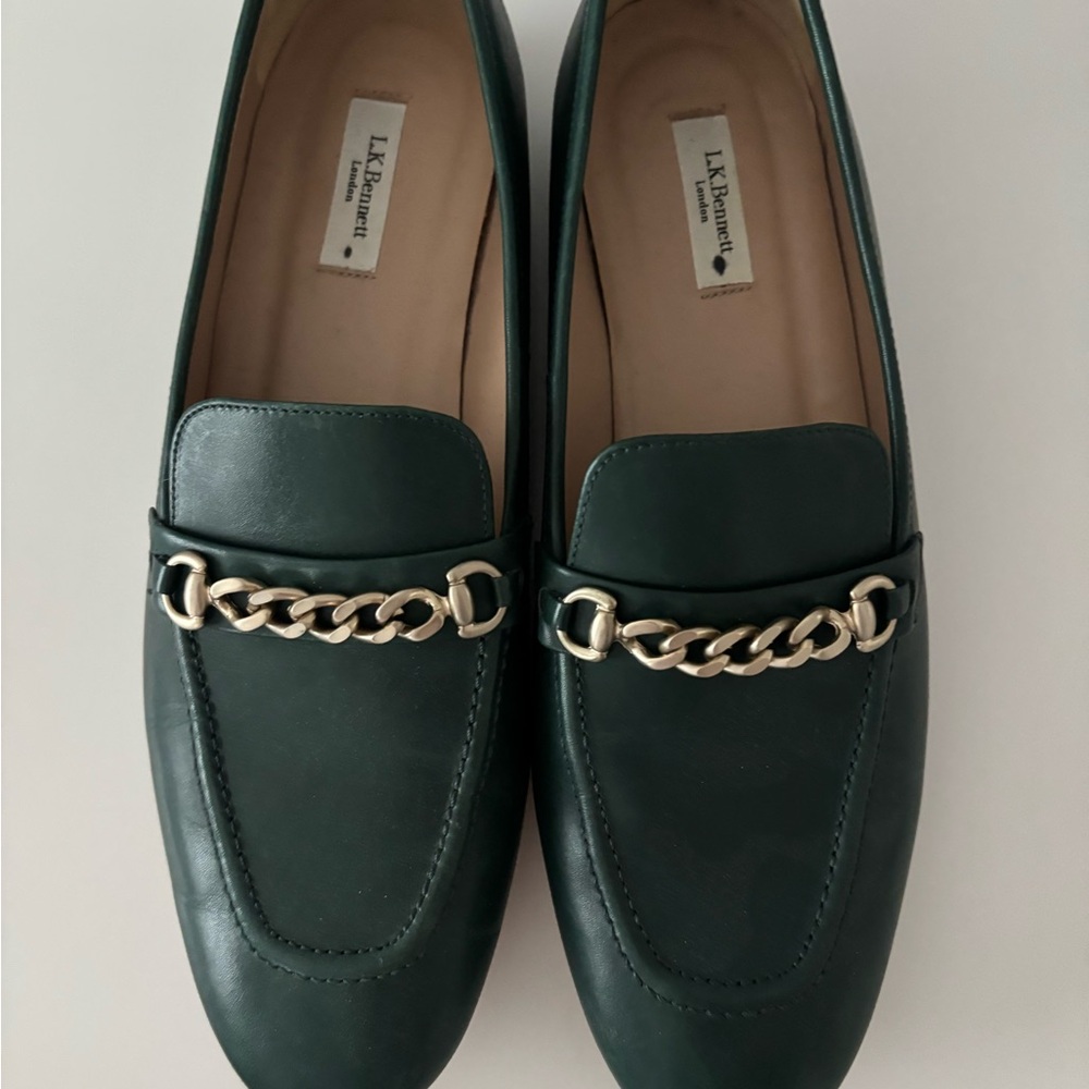 LK Bennett Dark Green Loafers with Gold Chain